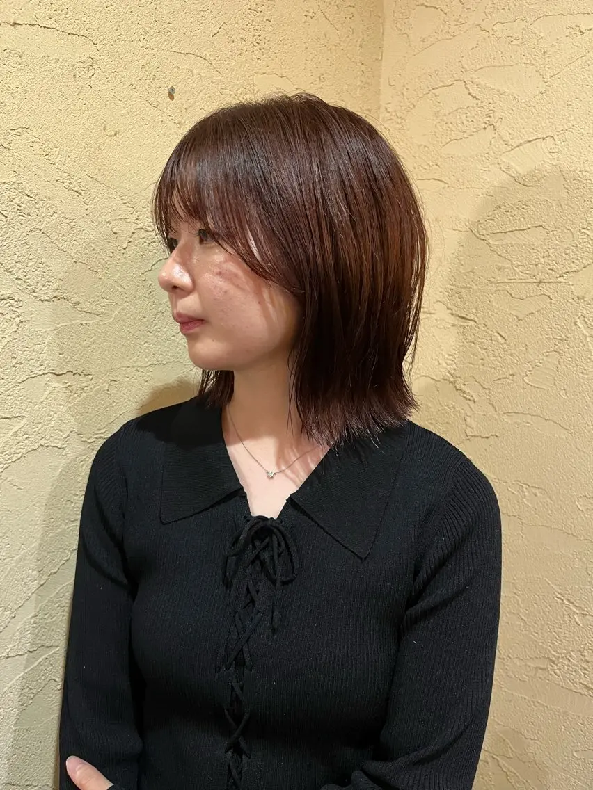 ミディアム ボブ 外ハネヘア カット ヘアカラー トリートメント taikiボブ× パーマ/透明感カラーのヘアスタイル
