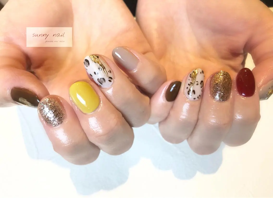 ネイル アニマル柄 アートネイル ボルドー ブラウン ジェルネイル sunny nailのネイルデザイン