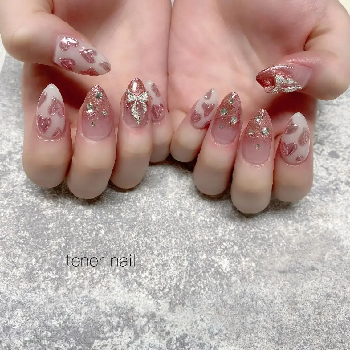 ネイル ハート ぷっくりネイル リボン テネルネイル tener nailのネイルデザイン