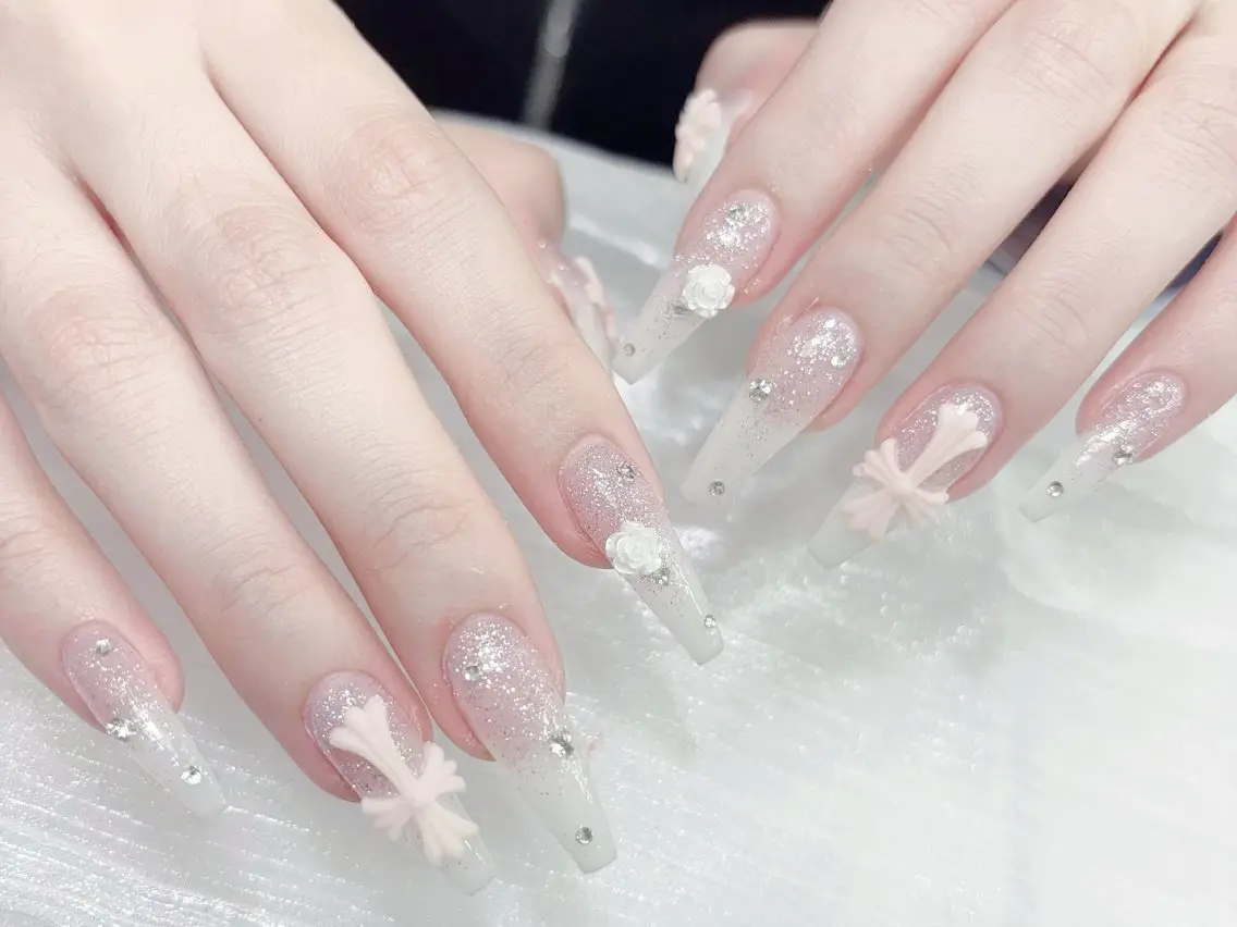 ネイル 成人式 マグネットネイル 大理石ネイル(マーブル) リボン 夏ネイル ハンドネイル MoMoA Nail ネイル長さ出し専門店のネイルデザイン