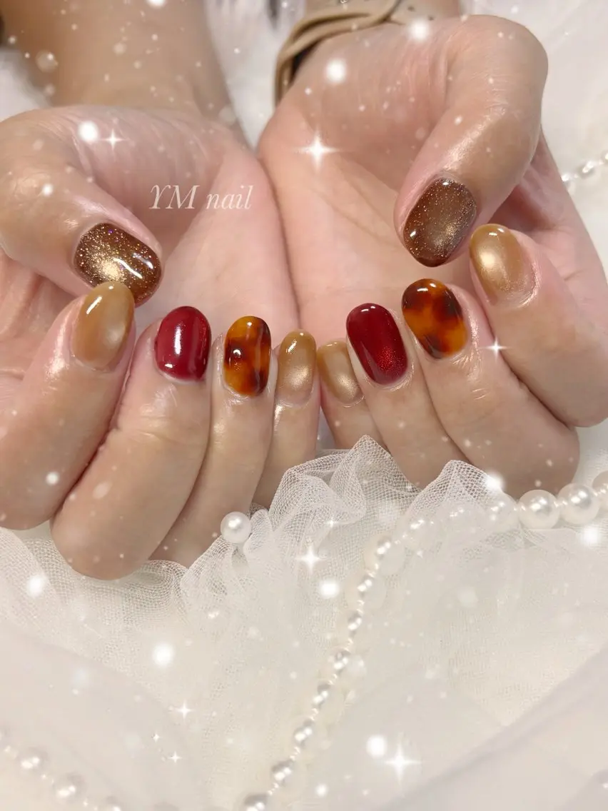 ネイル べっ甲ネイル ボルドー ブラウン マグネットネイル ハンドネイル YM nailのネイルデザイン