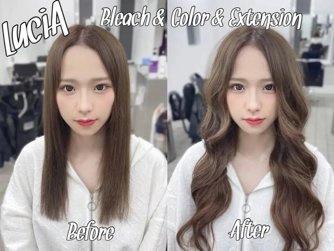 ロング カラー ヘアアレンジ シールエクステ 黒髪 ブリーチ デザインカラー ダブルカラー エクステ¥5000 LuciAカラーのヘアスタイル