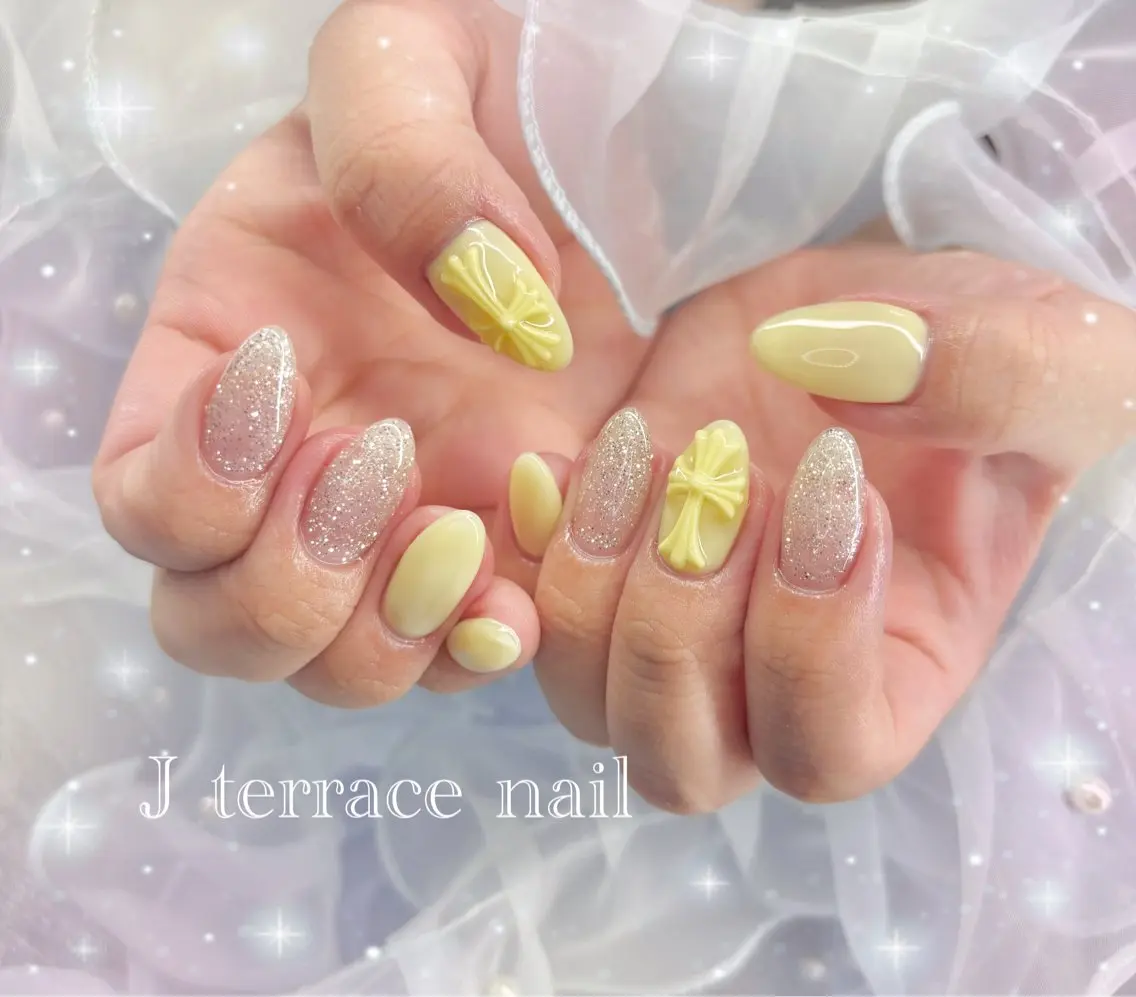 ネイル ハート 持ち込み リボン ストーンネイル J terrace Nailのネイルデザイン