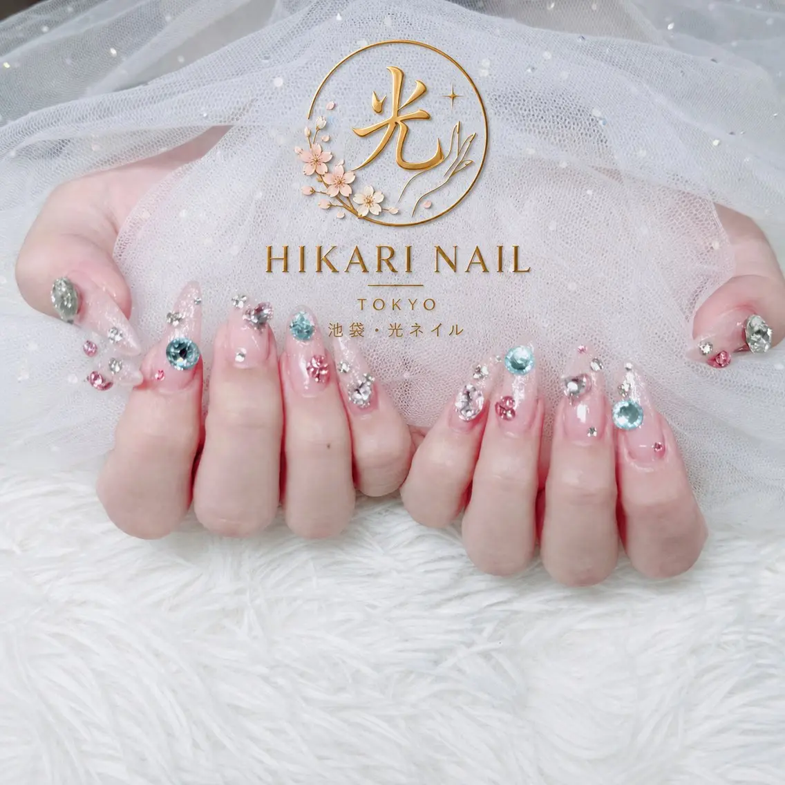 ネイル チークネイル 長さ出し フレンチネイル ガーリー ハート ハンドネイル HikariNail Ikebukuroのネイルデザイン