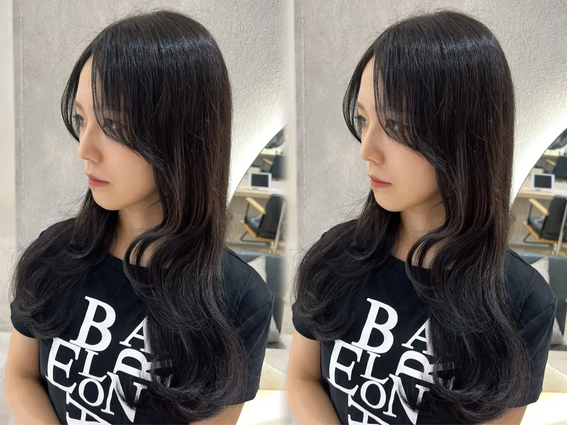 ロング カラー アッシュ アッシュブラック ベージュカラー 黒髪 ブルーカラー カット ヘアカラー トリートメント 韓国🇰🇷レイヤー 映える顔周り🩷のヘアスタイル