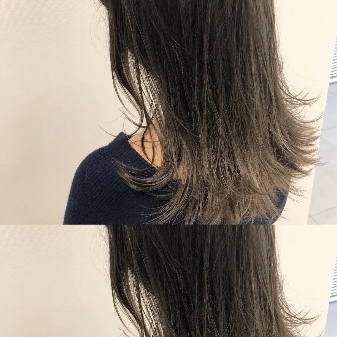 ロング カラー アッシュ バレイヤージュ ブリーチ グラデーションカラー グレージュ 似合わせカット/ レイヤーカット/新谷のヘアスタイル