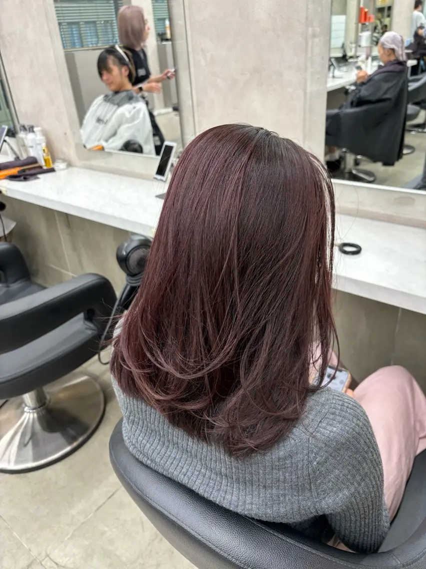 ミディアム カラー カシス レッドカラー ハイレイヤー 韓国風ヘア レイヤーカット 抜け感レイヤー︴ ニュアンスカラーのヘアスタイル