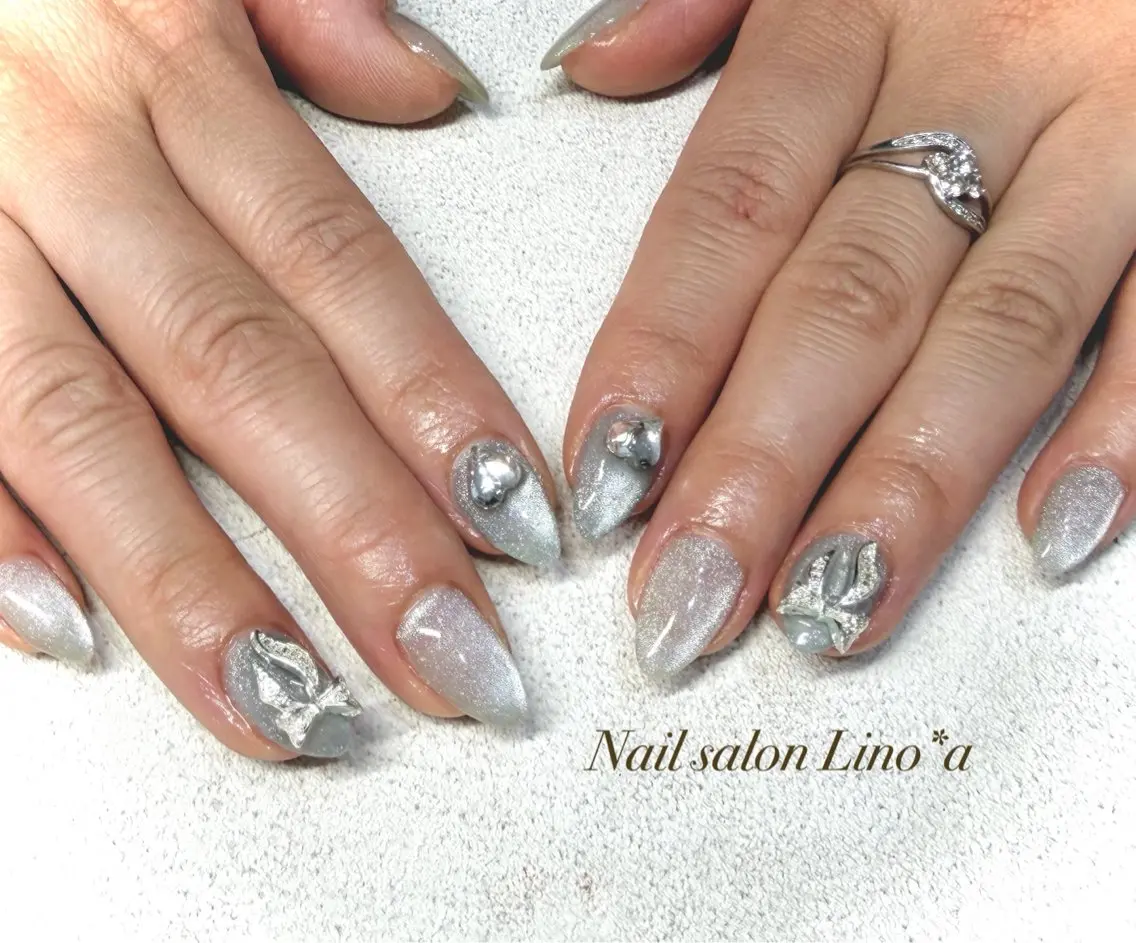 ネイル ブルー ハート マグネットネイル 持ち込み リボン ハンドネイル Nail salon Lino*aのネイルデザイン