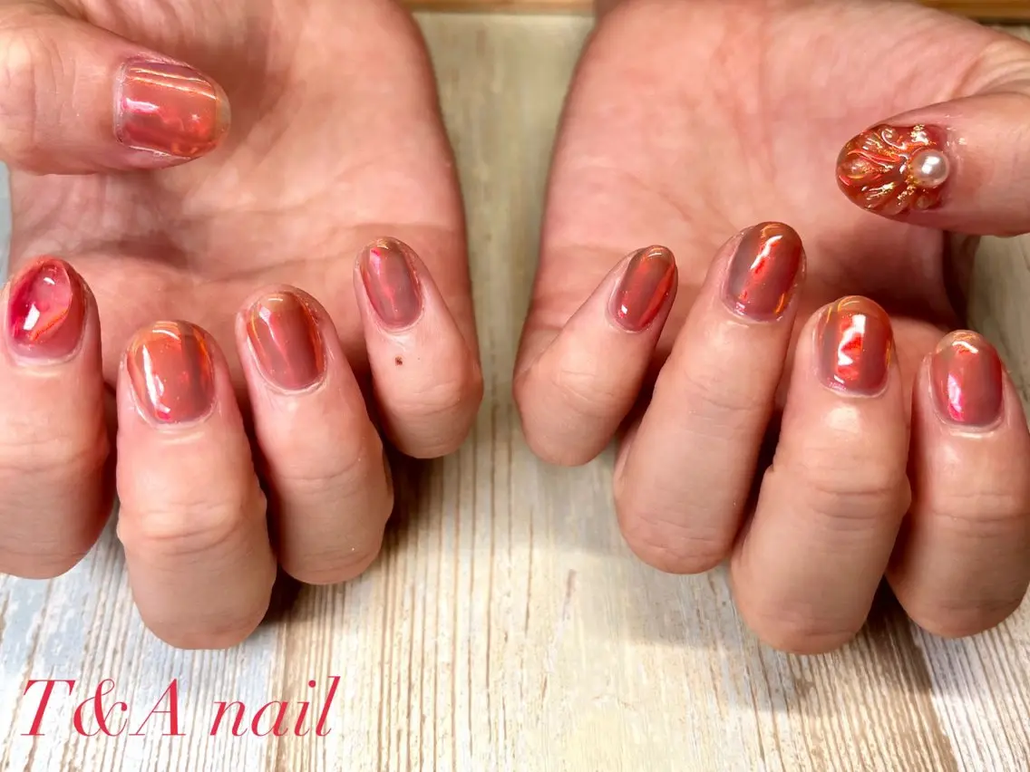 ネイル 長さ出し ジェルネイル ミラーネイル ニュアンスネイル オレンジ T&A nailのネイルデザイン