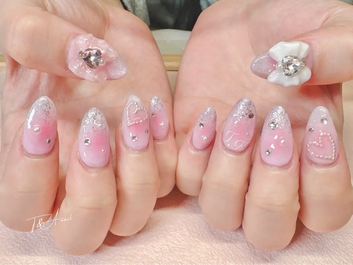 ネイル チークネイル 長さ出し ジェルネイル ハート ピンク T&A nailのネイルデザイン