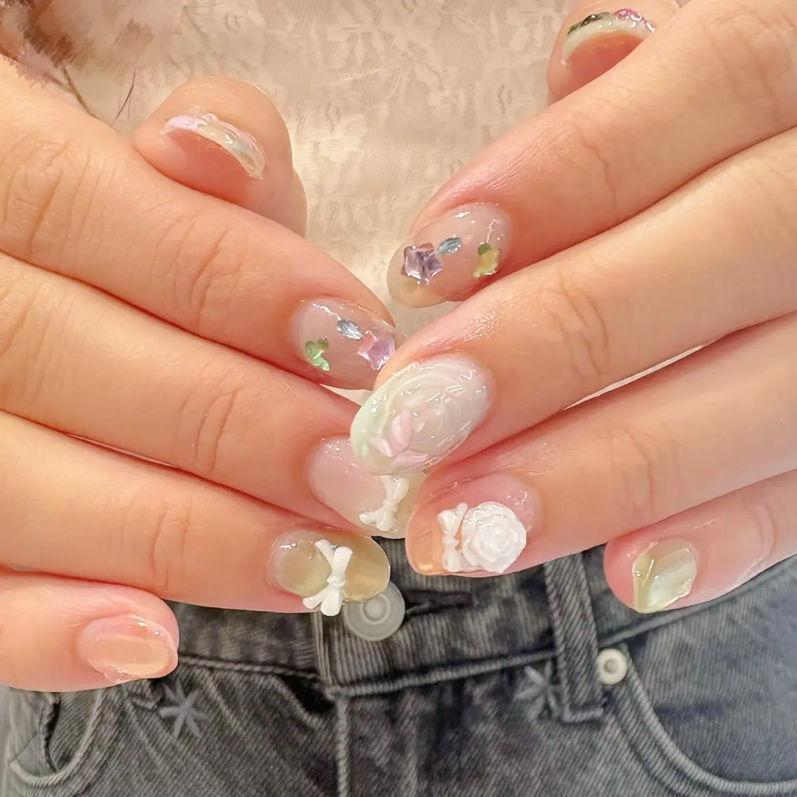 ネイル グリーン 持ち込み ピンク Ayu ‪ꕤ︎︎｡°⋆のネイルデザイン