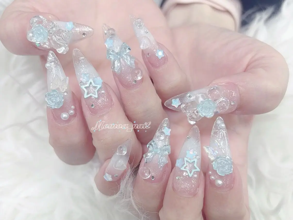 ネイル 成人式 マグネットネイル 大理石ネイル(マーブル) リボン 夏ネイル ハンドネイル MoMoA Nail ネイル長さ出し専門店のネイルデザイン