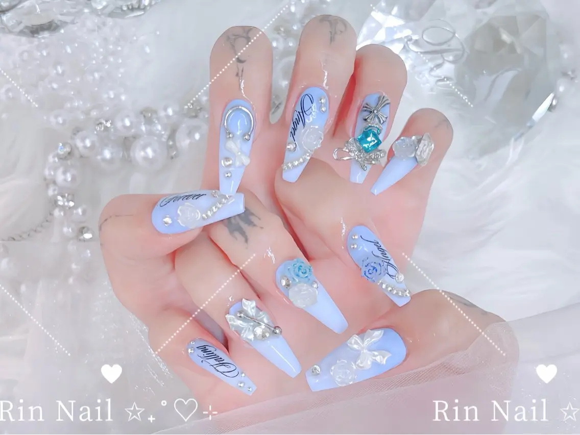 ネイル べっ甲ネイル ブルー 長さ出し フレンチネイル ジェルネイル ハンドネイル Rin Nail 新大久保店のネイルデザイン