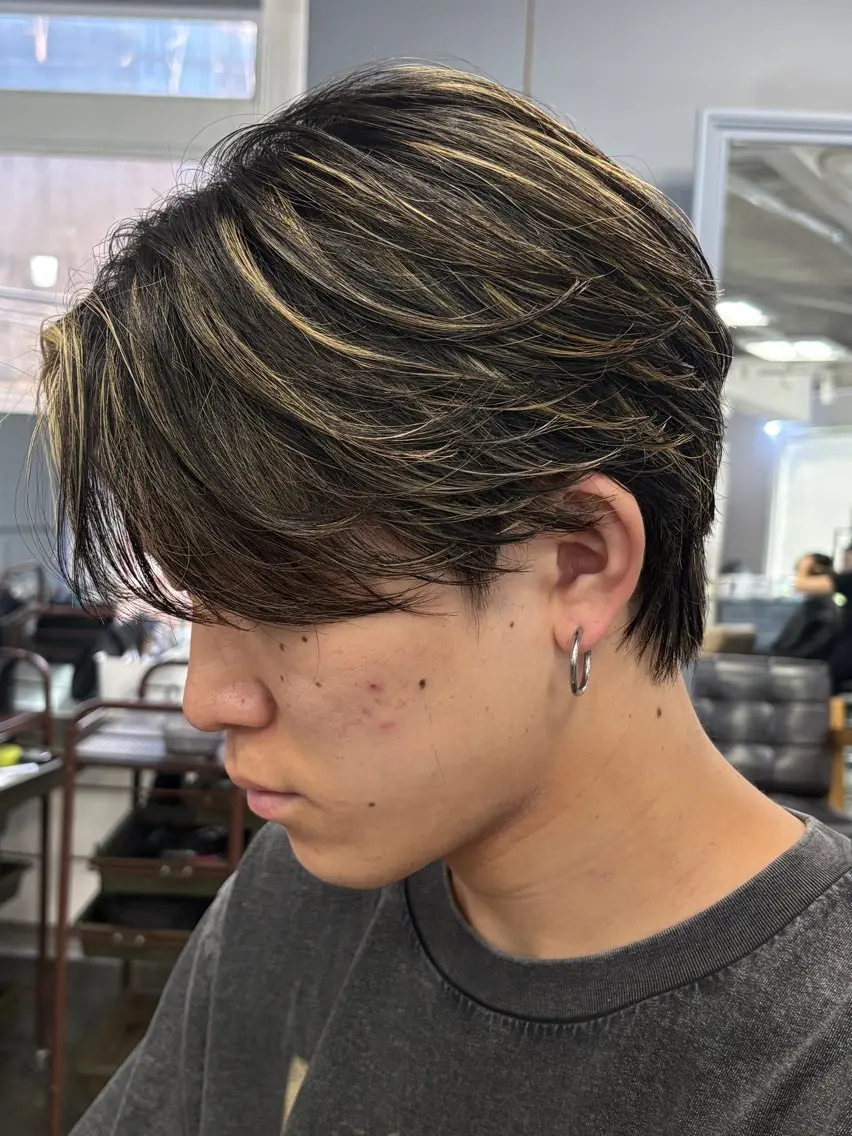メンズカット+メッシュキャップハイライト+フェザーパーマ!無造作からナチュラルまでかのうです!の写真