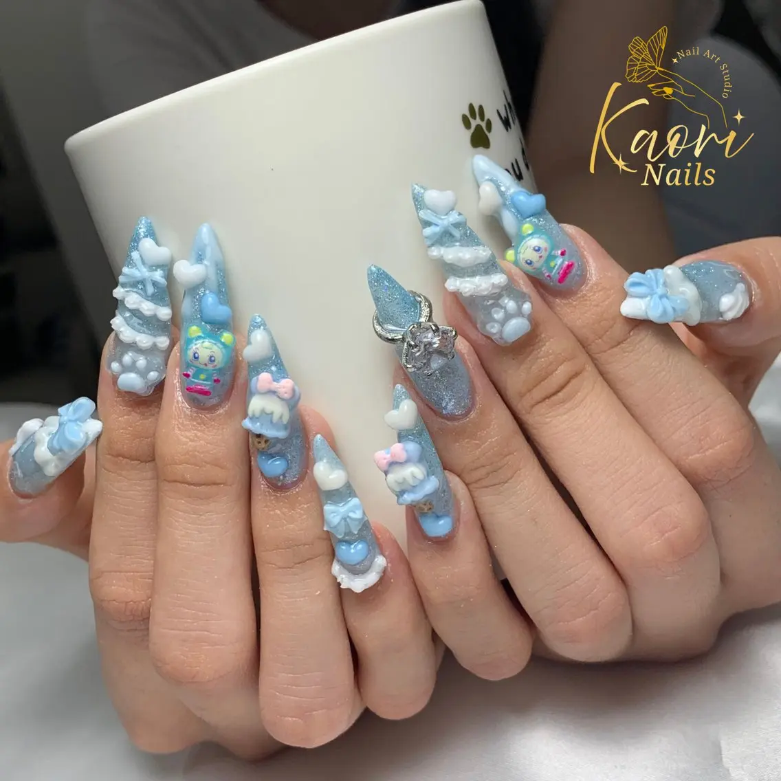 ネイル ハート キラキラネイル ラメ(グリッター) 水色 ロングネイル ハンドネイル MARU CHANのネイルデザイン