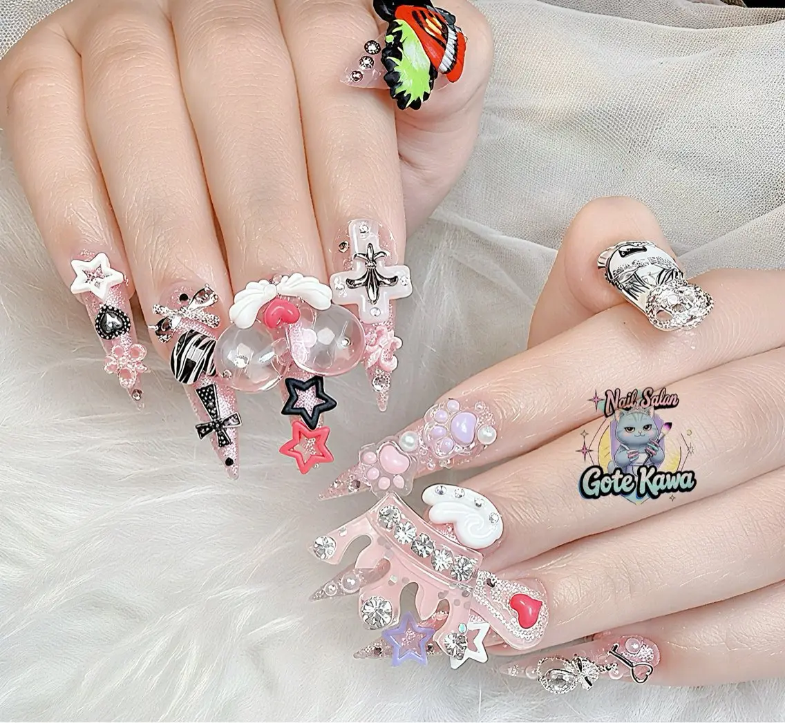 ネイル アートネイル 長さ出し キラキラネイル ピンク リボン ハンドネイル ハンドケア Gote Kawa nail salonのネイルデザイン