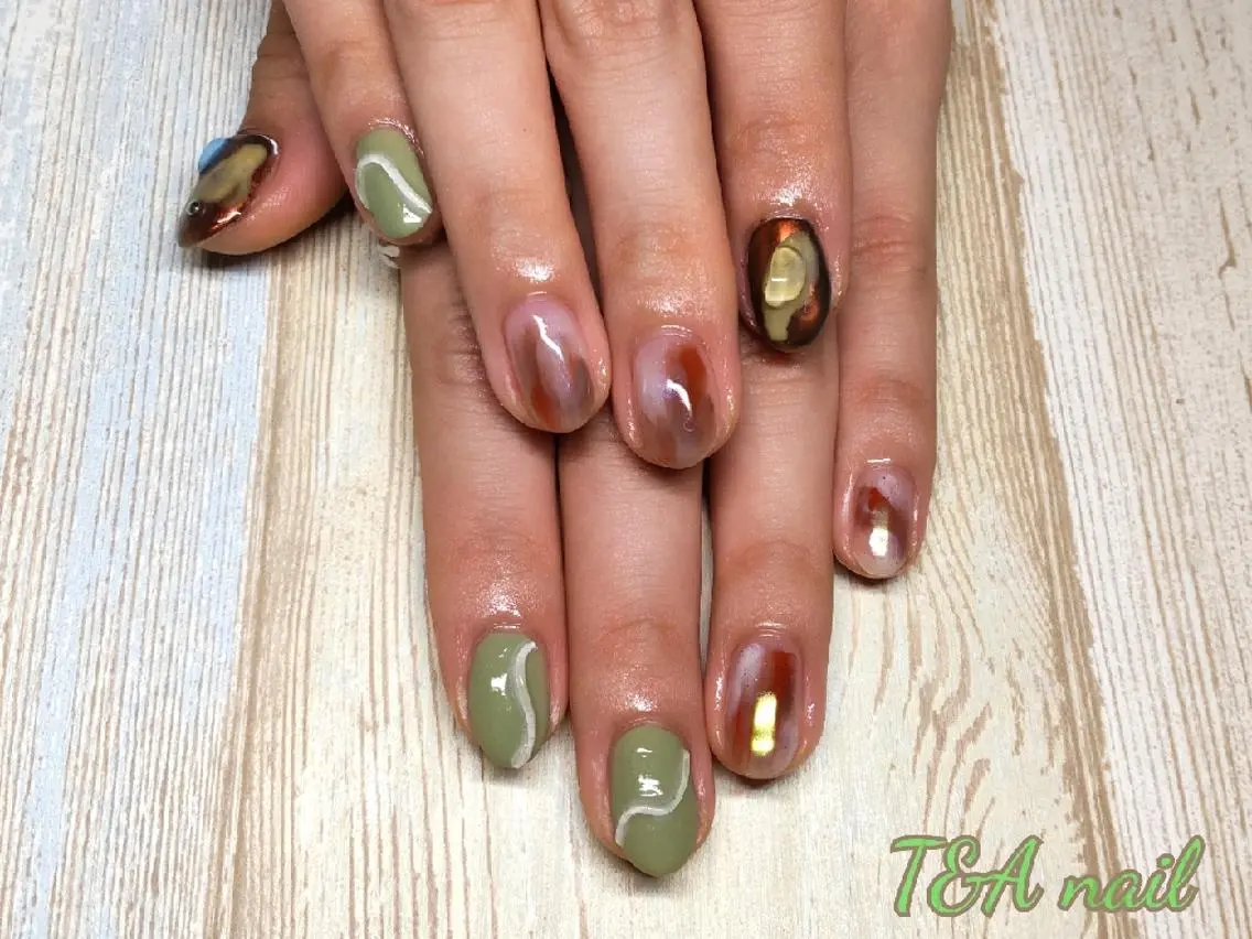 ネイル ミディアム ジェルネイル ニュアンスネイル ピスタチオネイル スカルプネイル ショートネイル T&A nailのネイルデザイン