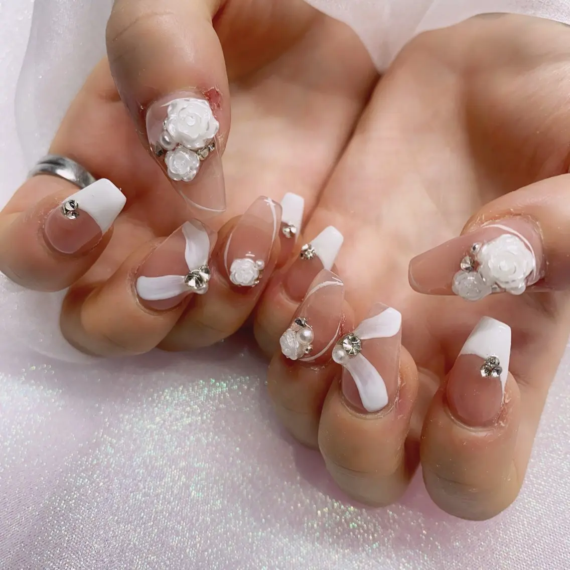 ネイル 長さ出し ジェルネイル キラキラネイル 大理石ネイル(マーブル) ニュアンスネイル Morpho nailのネイルデザイン