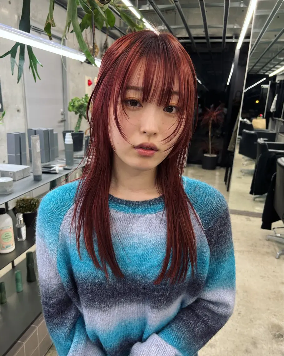 ロング カラー ボルドーカラー 顔まわりレイヤー 顔周りカット レイヤーカット ハッシュカット カシマハヤトのヘアスタイル