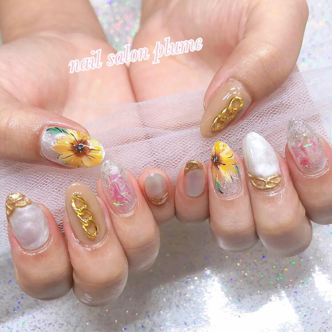ネイル アートネイル フラワーネイル ガーリー ハート キラキラネイル ハンドネイル plume nail ☆韓国ネイルのネイルデザイン