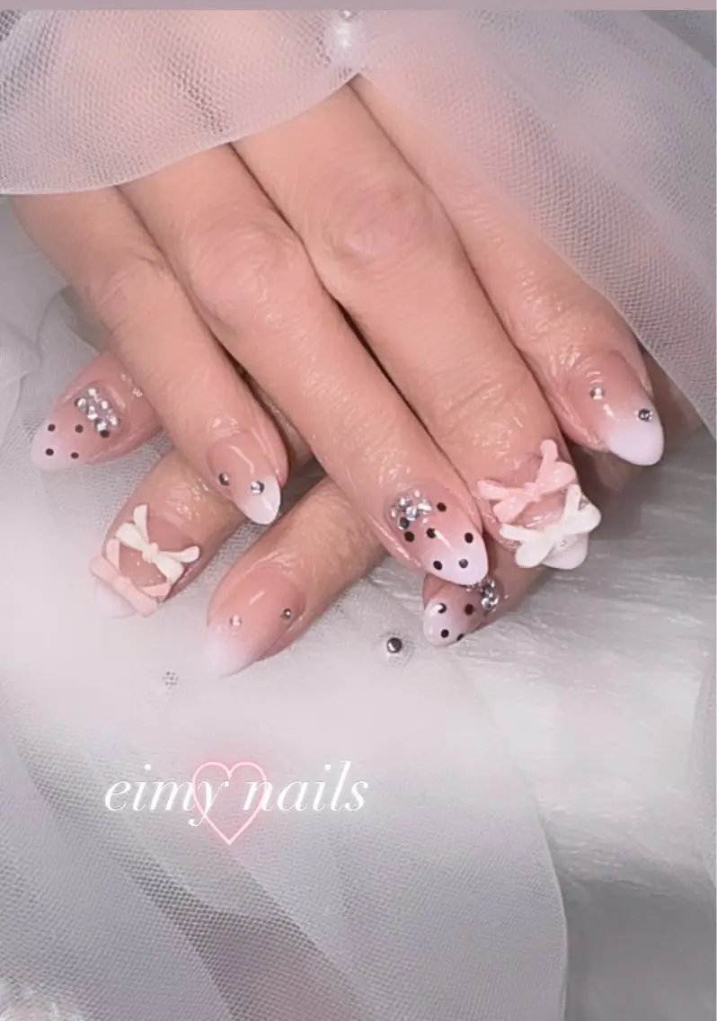 ネイル ドット ピンク リボン ハンドネイル eimy nails♡のネイルデザイン