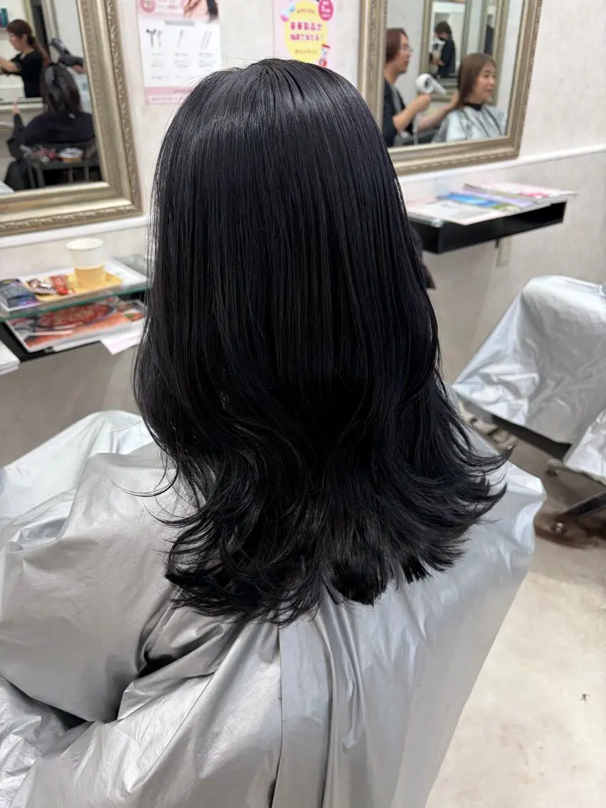 セミロング カラー 黒髪 ブルーカラー ブルーブラック カット ヘアカラー トリートメント ＆tigre 佐藤秀太のヘアスタイル