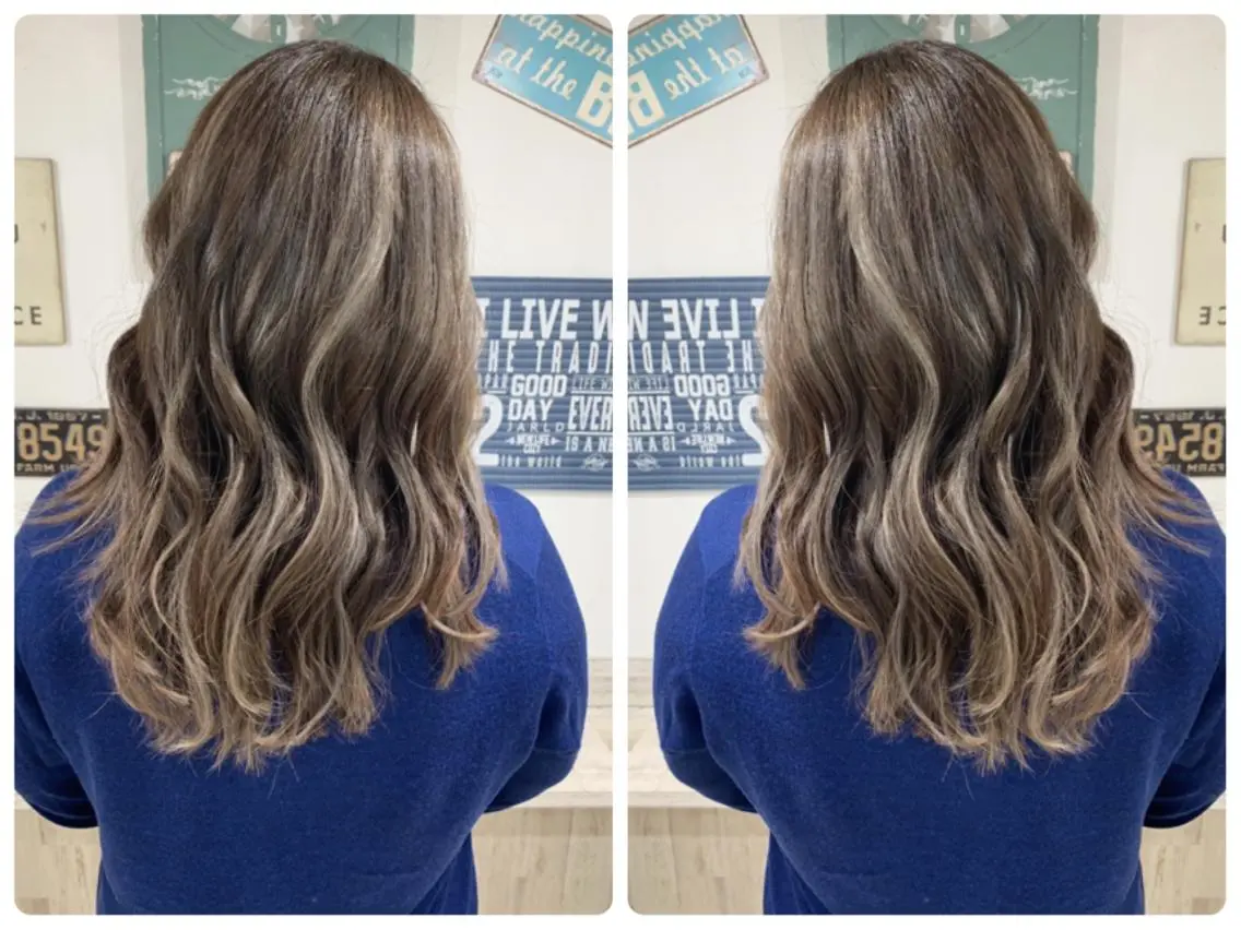 セミロング カラー アッシュ バレイヤージュ ブリーチ デザインカラー グレージュ カット ヘアカラー 京都大人女性ショート 徒歩1分/秋山のヘアスタイル