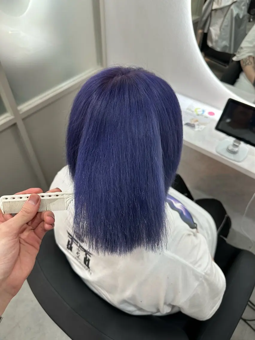 ロング カラー ブリーチ ブルーカラー ケアブリーチ ダブルカラー ラベンダーカラー 髪質改善×縮毛矯正 taichi/梅田のヘアスタイル