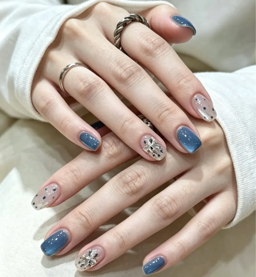 ネイル ブルー 長さ出し フラワーネイル ジェルネイル 氷ネイル・うるうるネイル Yoxie ミキのネイルデザイン