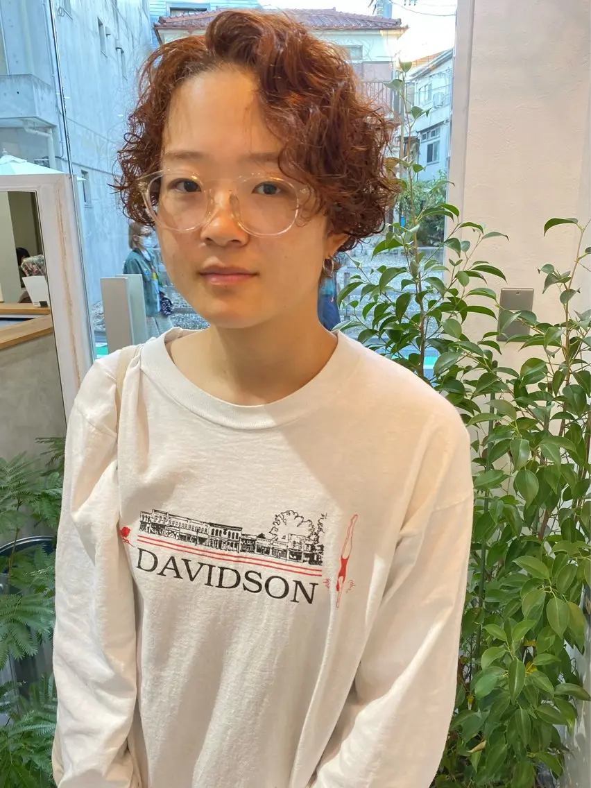 ショート カラー パーマ オレンジ ショートヘア カット ヘアカラー パーマ トリートメント 森貴裕/ベージュ/ パーマ/オリーブのヘアスタイル