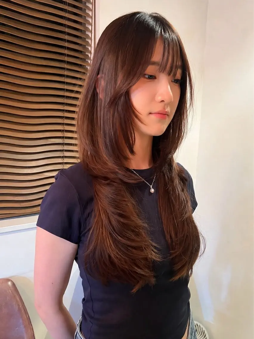 ロング カラー ブラウンカラー 透明感カラー マロンブラウン 顔周りカット レイヤーカット カット ヘアカラー トリートメント REN/レイヤー✂️ ブリーチなしカラー✨のヘアスタイル