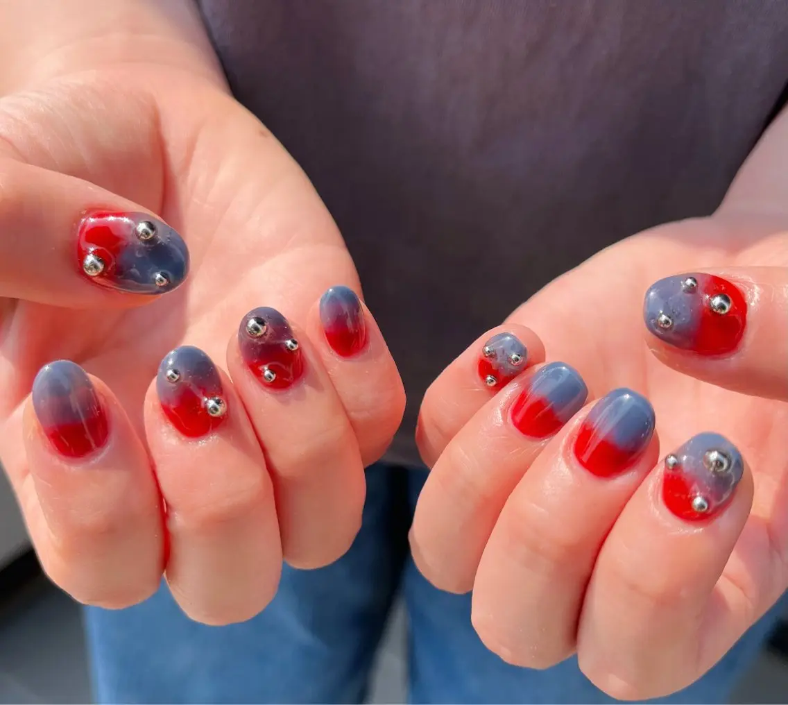 ネイル ブルー 赤色 ハンドネイル HazeGrass NAILのネイルデザイン