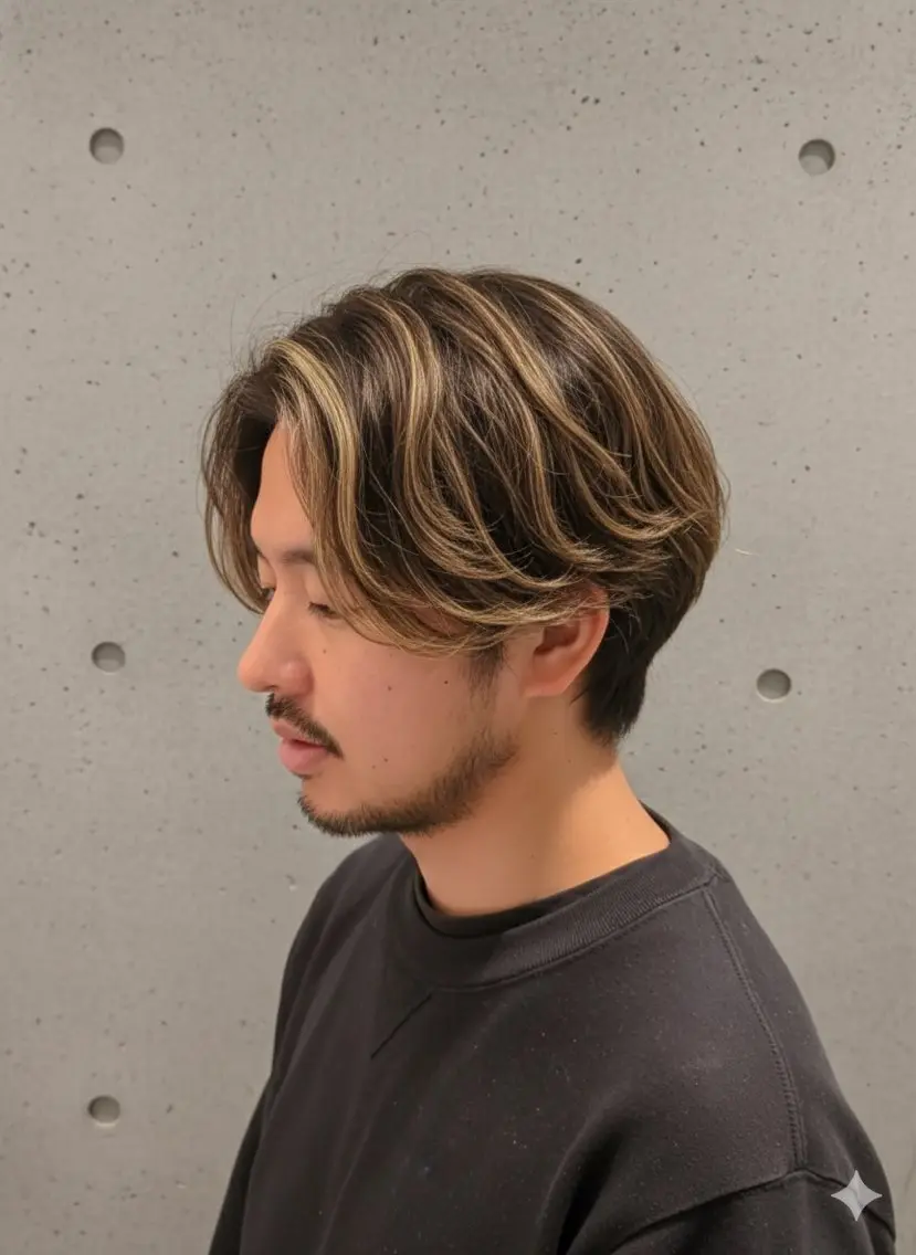 ショート カラー メンズ メンズハイライト ベージュカラー ブラウンカラー ハイライトカラー ホワイトベージュ カット ヘアカラー メンズ特化パーマ ハイライト/比嘉のヘアスタイル
