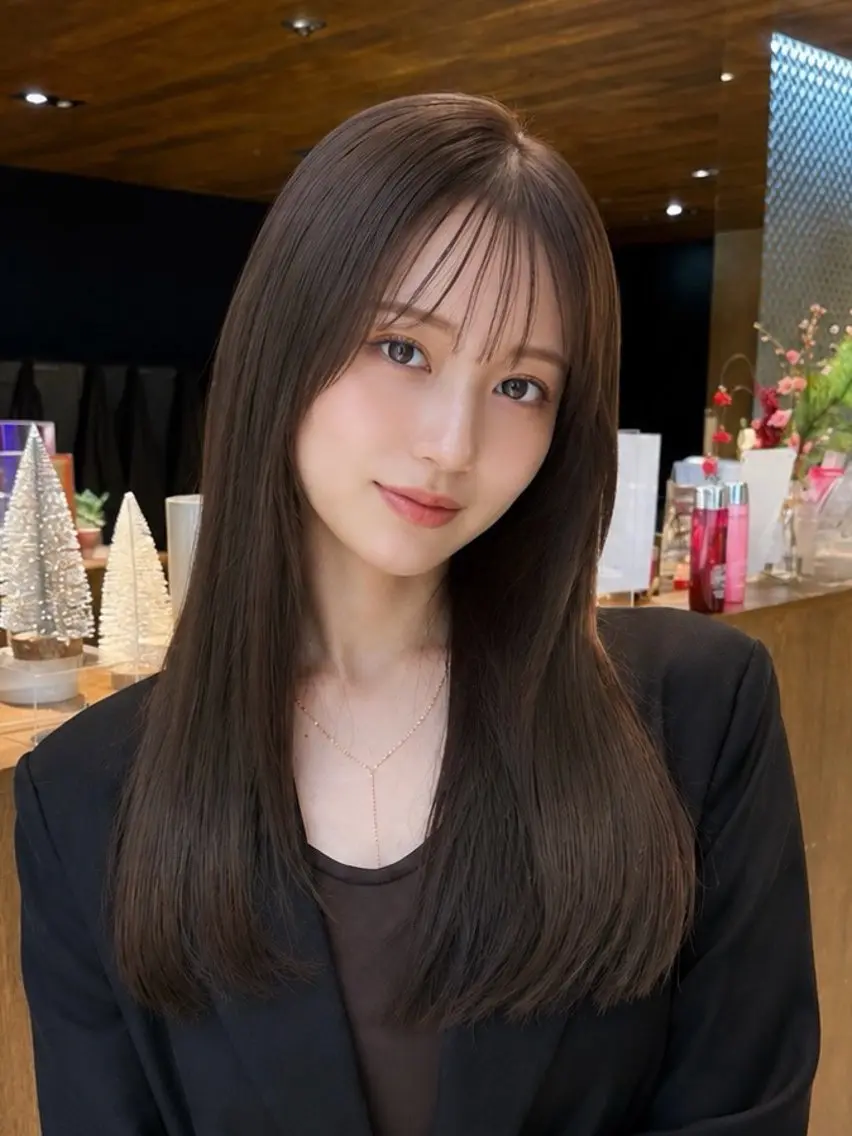 セミロング 顔周りカット かきあげバング 韓国風ヘア レイヤーカット カット ヘアカラー 透明感カラー/韓国レ イヤー/宮下知也のヘアスタイル