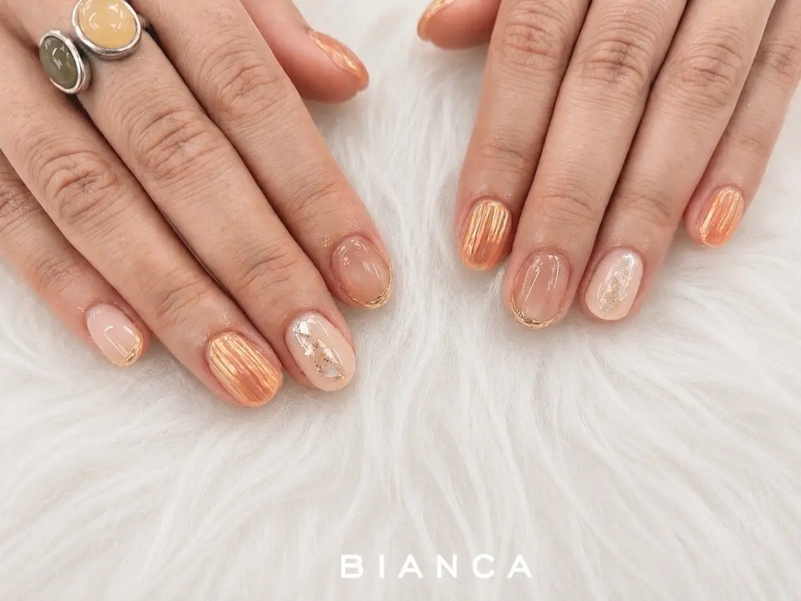 ネイル オーロラネイル オレンジ ハンドネイル Bianca大宮店 上野のネイルデザイン
