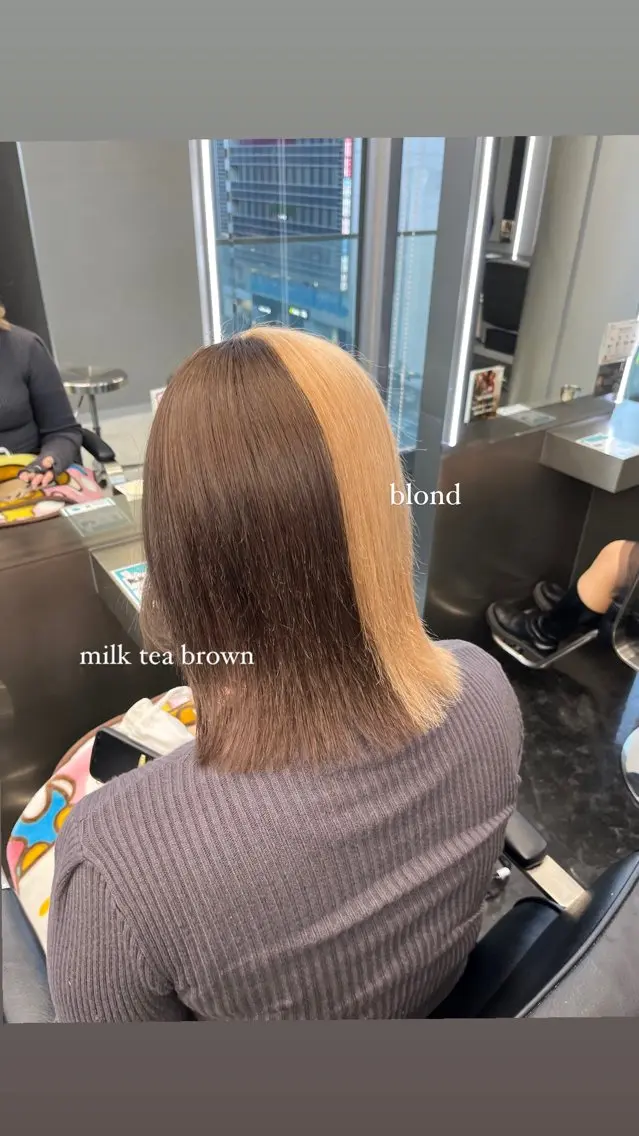 ミディアム ミルクティーブラウン ツートーンカラー ヘアカラー トリートメント ヘアセット ハイトーン/透明感 髪質改善/rinaのヘアスタイル