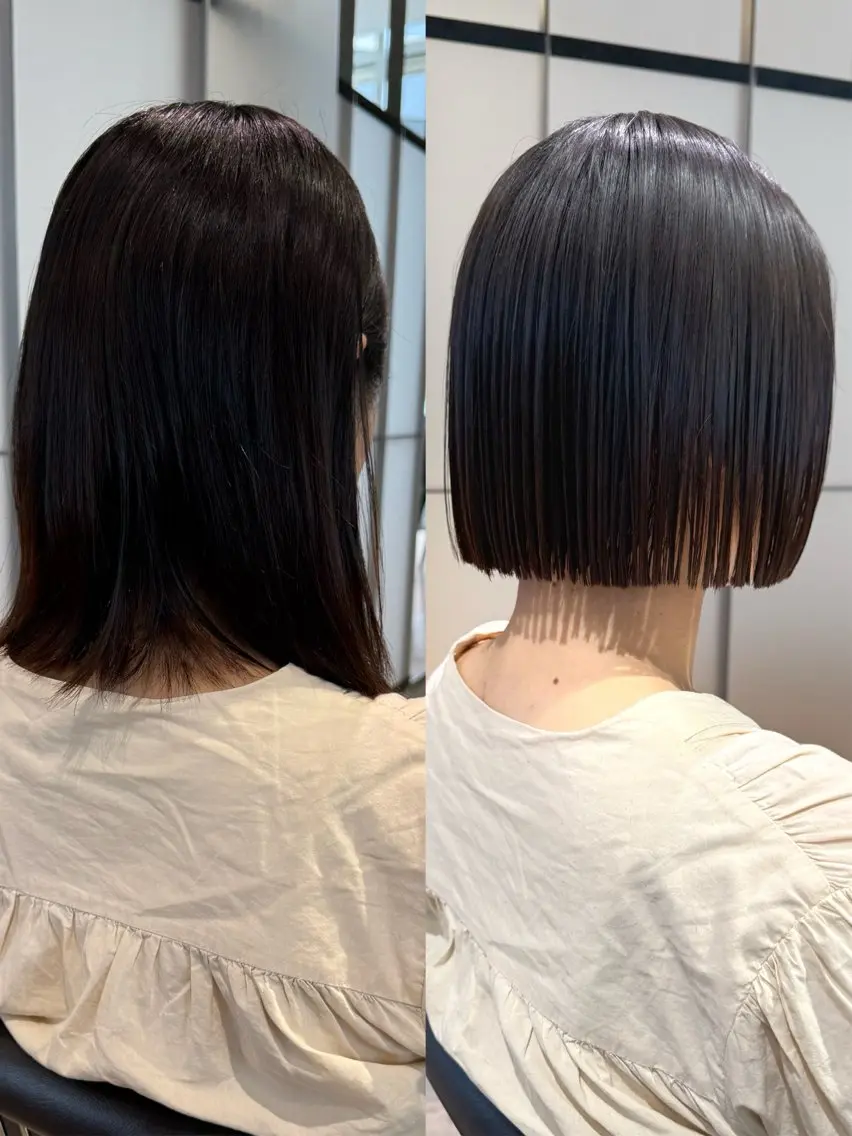 ミディアム ボブ カット 縮毛矯正 須藤 優真 切りっぱなしボブのヘアスタイル