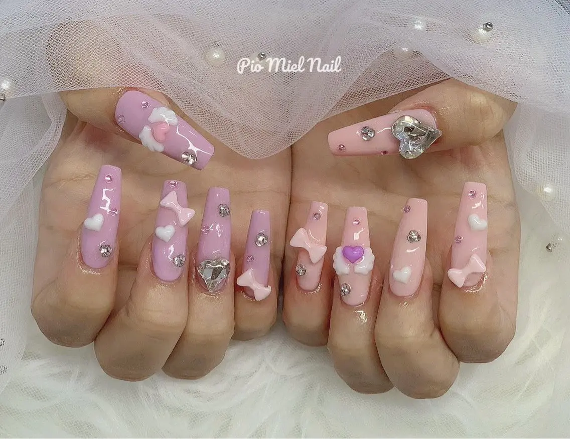 ネイル ジェルネイル ガーリー ハート ロングネイル パステルネイル ハンドネイル HANA 長さだしのネイルデザイン