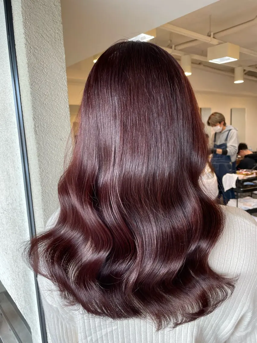 ロング カラー ブリーチ ボルドーカラー ブリーチなしカラー カット ヘアカラー トリートメント IORI #韓国ヘア#髪質改善のヘアスタイル