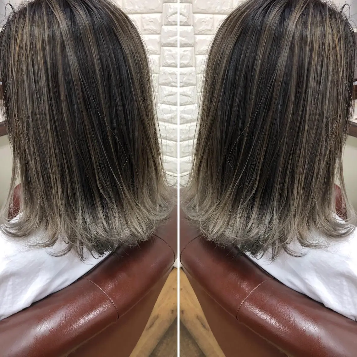 ミディアム カラー バレイヤージュ ブリーチ ケアブリーチ グレージュ レイヤーカット ヘアカラー トリートメント famille ファミーユのヘアスタイル