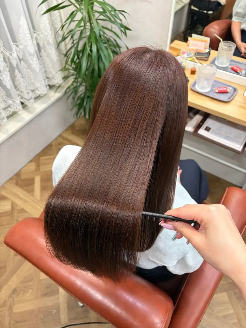 セミロング 縮毛矯正 カット ヘアカラー トリートメント 髪質改善×韓国風/小 顔レイヤー/早瀬櫻子のヘアスタイル