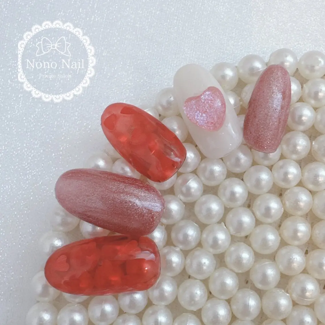 ネイル ゴールド ハート ピンク 赤色 バレンタイン Nono Nail ノノネイルのネイルデザイン