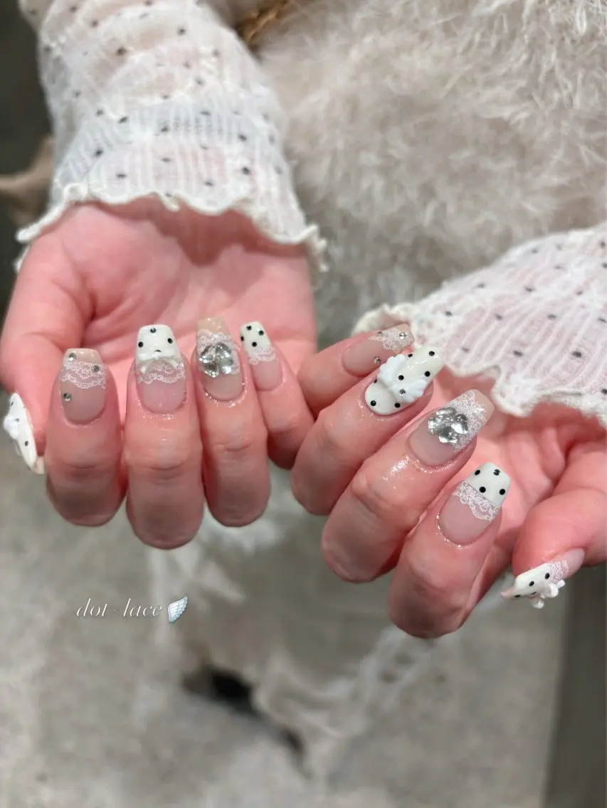 ネイル ドット レース ハンドネイル パラジェル有/ 長さだし/mahoのネイルデザイン
