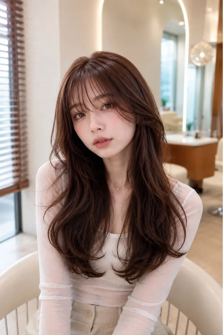 ロング カラー ブラウンカラー 透明感カラー 顔周りカット 韓国風ヘア レイヤーカット カット ヘアカラー トリートメント ヘアセット 韓国レイヤー🇰🇷 韓国研修◎渋谷カイトのヘアスタイル
