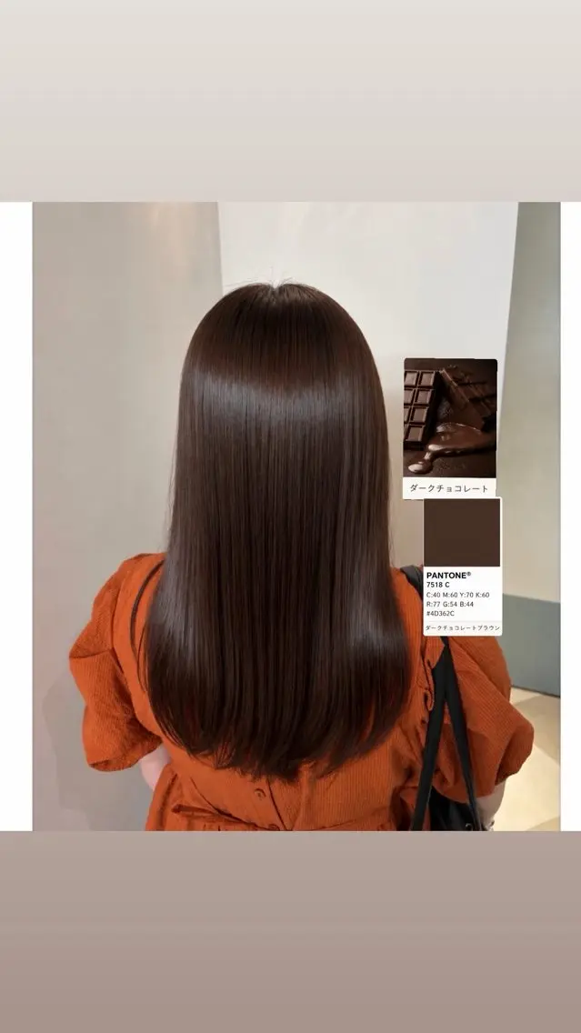ミディアム カラー ブラウンカラー チョコレートブラウン ダークブラウン ヘアカラー トリートメント ヒナ/酸性ストレート /髪質改善のヘアスタイル