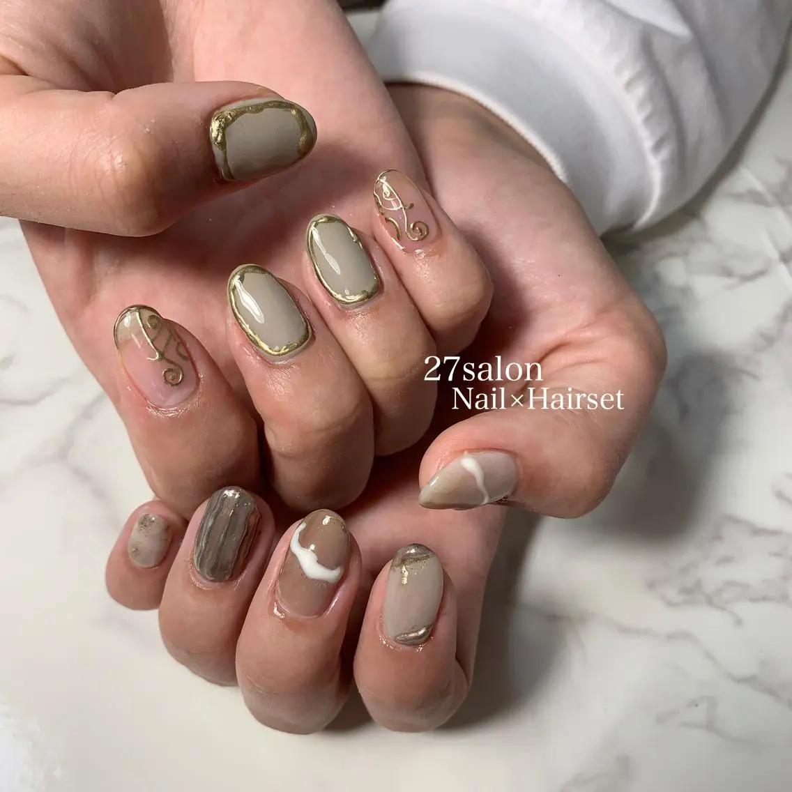 ネイル ブラウン ミラーネイル ニュアンスネイル 春ネイル 27salon yuinaのネイルデザイン