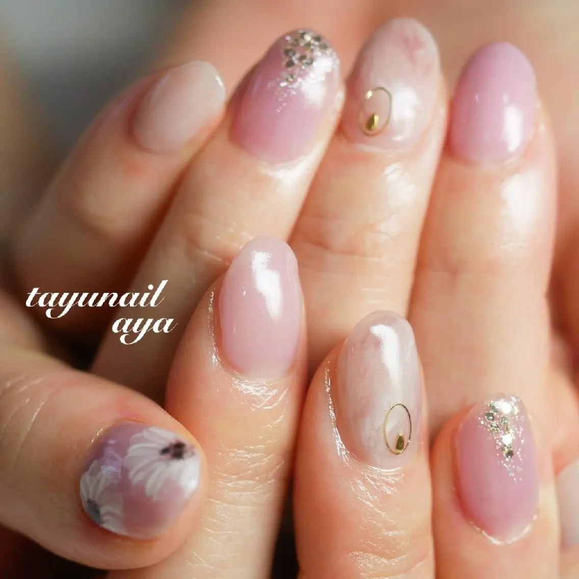ネイル アートネイル ブルー フラワーネイル ジェルネイル パラジェル ネイルサロン 【たゆnail】のネイルデザイン