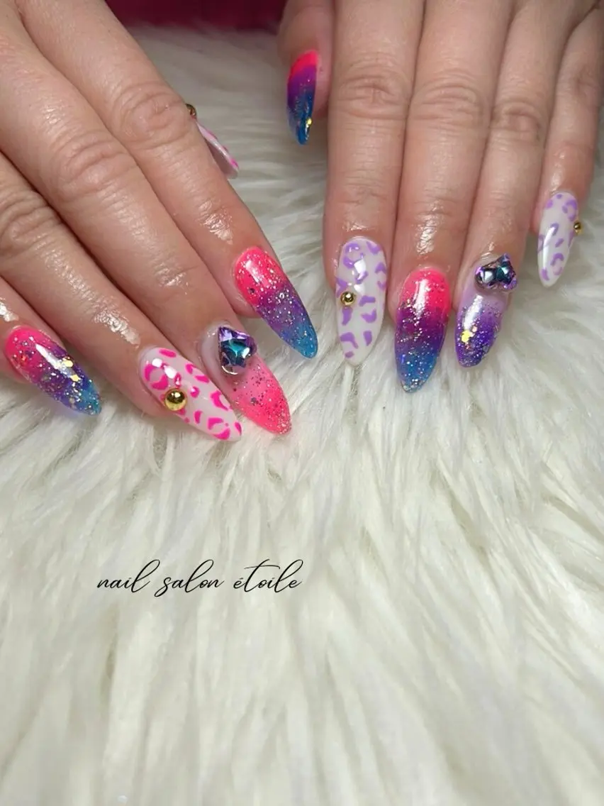 ネイル アニマル柄 ハート ラメ(グリッター) ピンク パープル ハンドネイル nail salon étoileのネイルデザイン