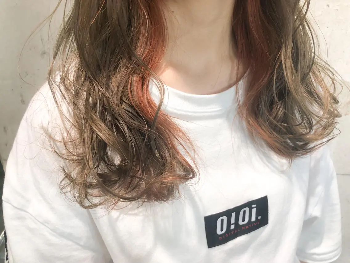 ミディアム カラー パーマ ヘアアレンジ メンズ ネイル マツエク・マツパ メンズブリーチ ベージュカラー ブリーチ オレンジ カラーマツエク 当日予約⭕️ Rene’のヘアスタイル