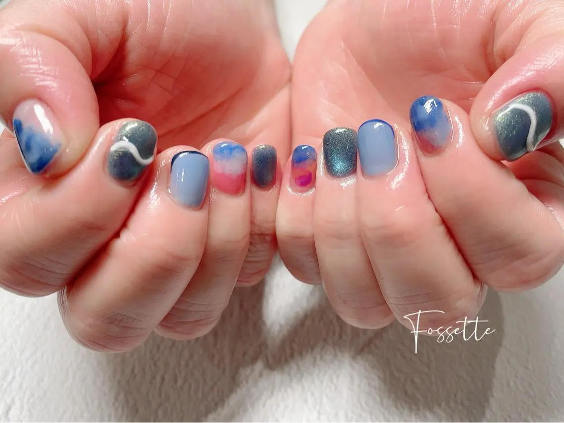 ネイル マグネットネイル ニュアンスネイル ぷっくりネイル ショートネイル ハンドネイル nailsalon Fossetteのネイルデザイン
